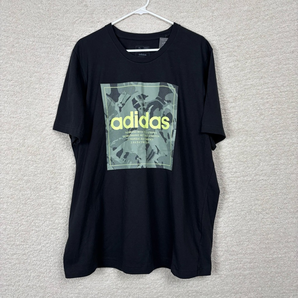 Adidas Shirt Mens XL Black Linear Box Green Camo Logo Crew Neck Short Sleeve Tee